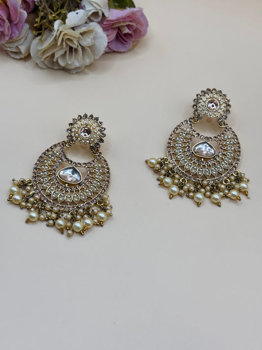 Golden Kundan Earrings with Pearl Drops