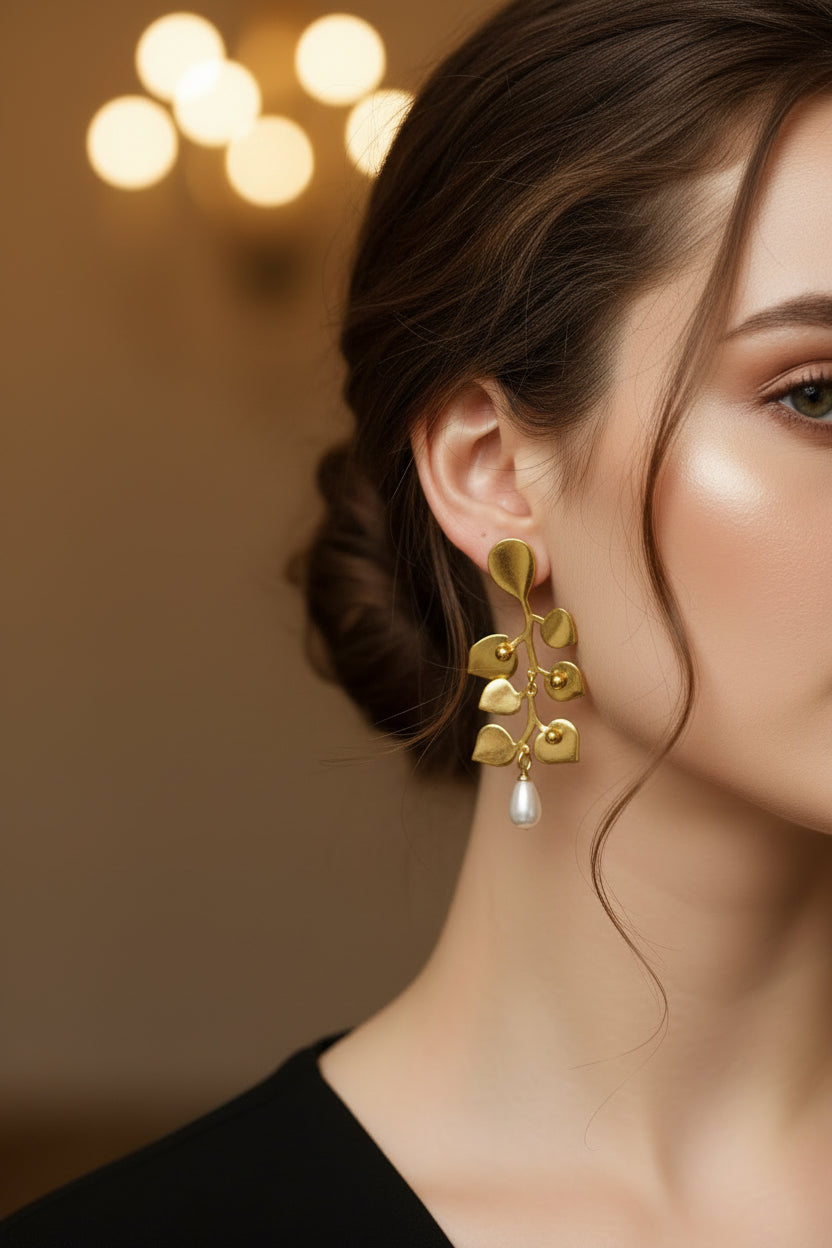 Golden Leaf Pearl Earrings-E05