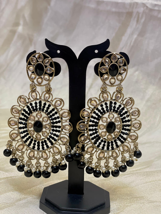 Black Kundan Chandbali Earrings -E004(01)