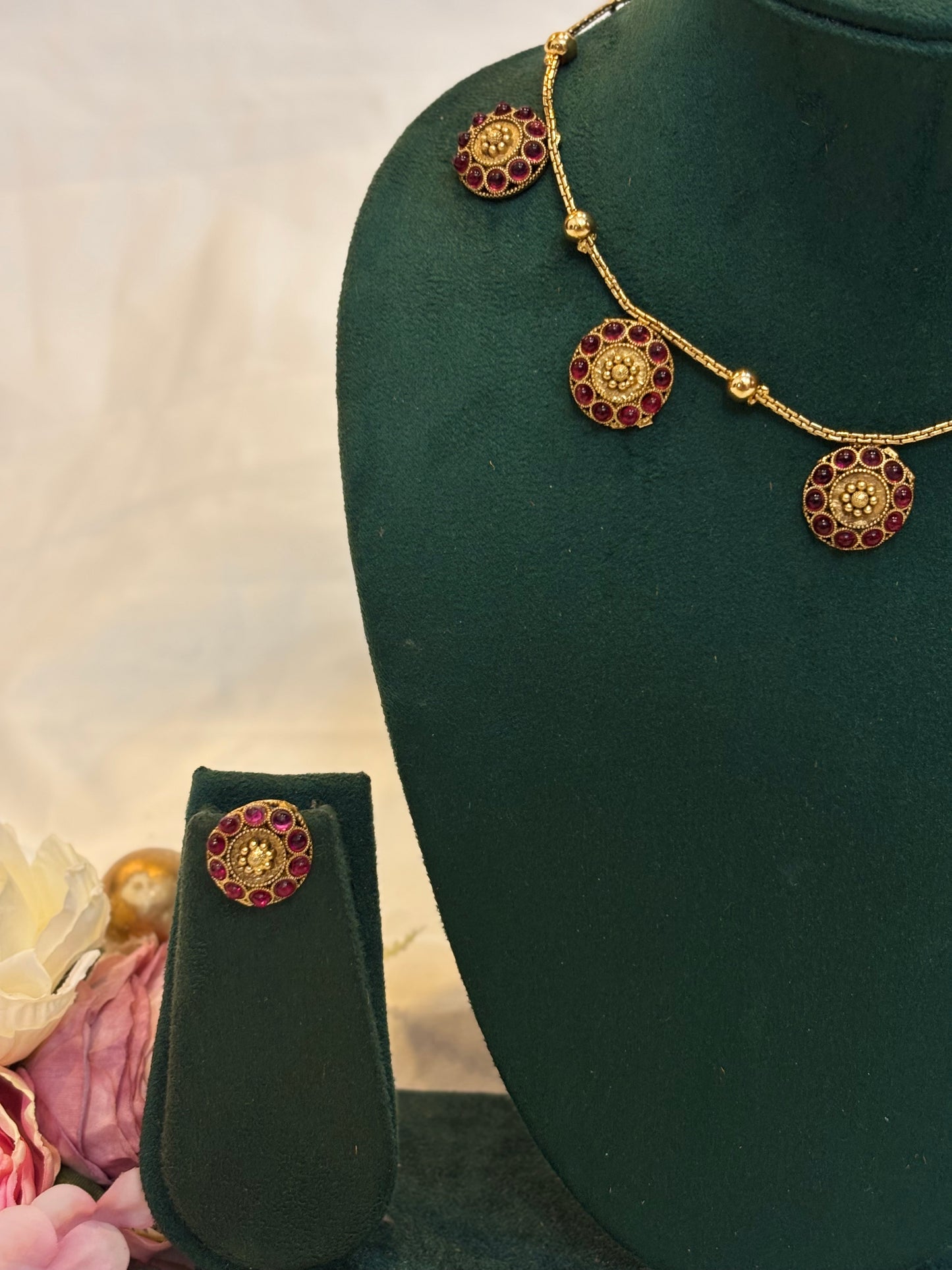 Ruby Coin Charm Necklace Set