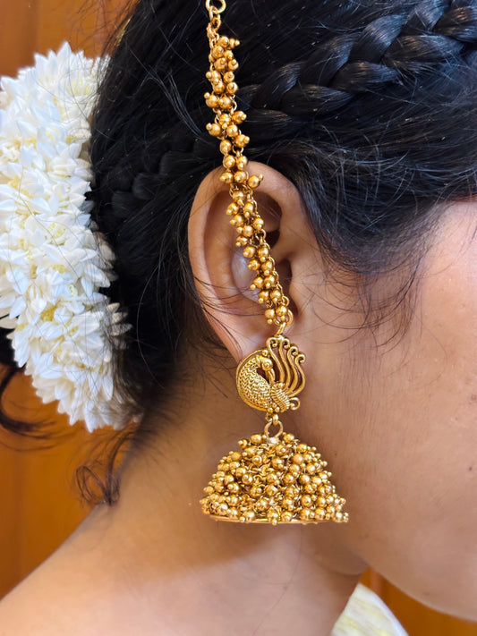 Golden Peacock Bridal Jhumka with Matti