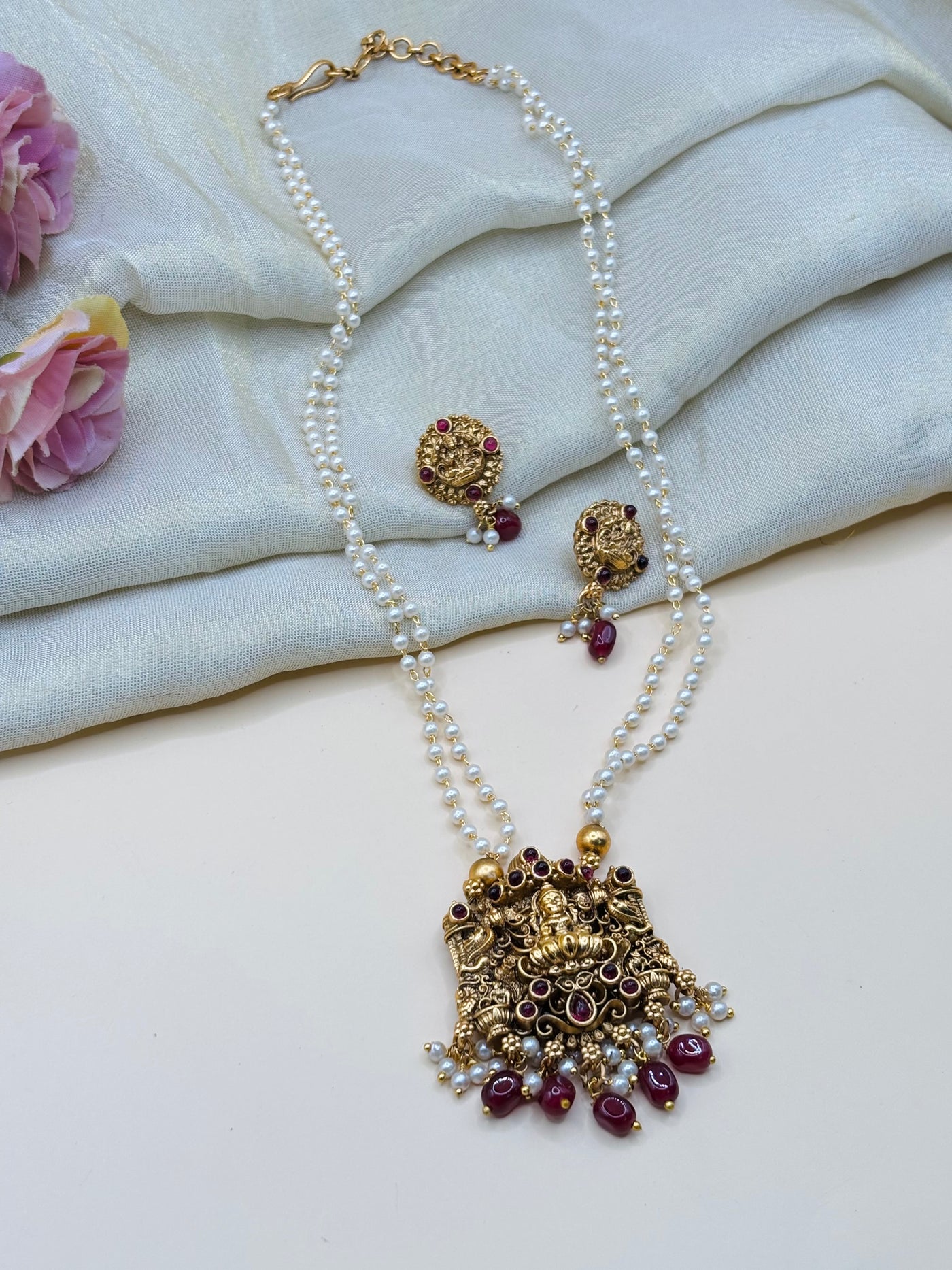 Temple Pearl Necklace with Ruby Stones-N036