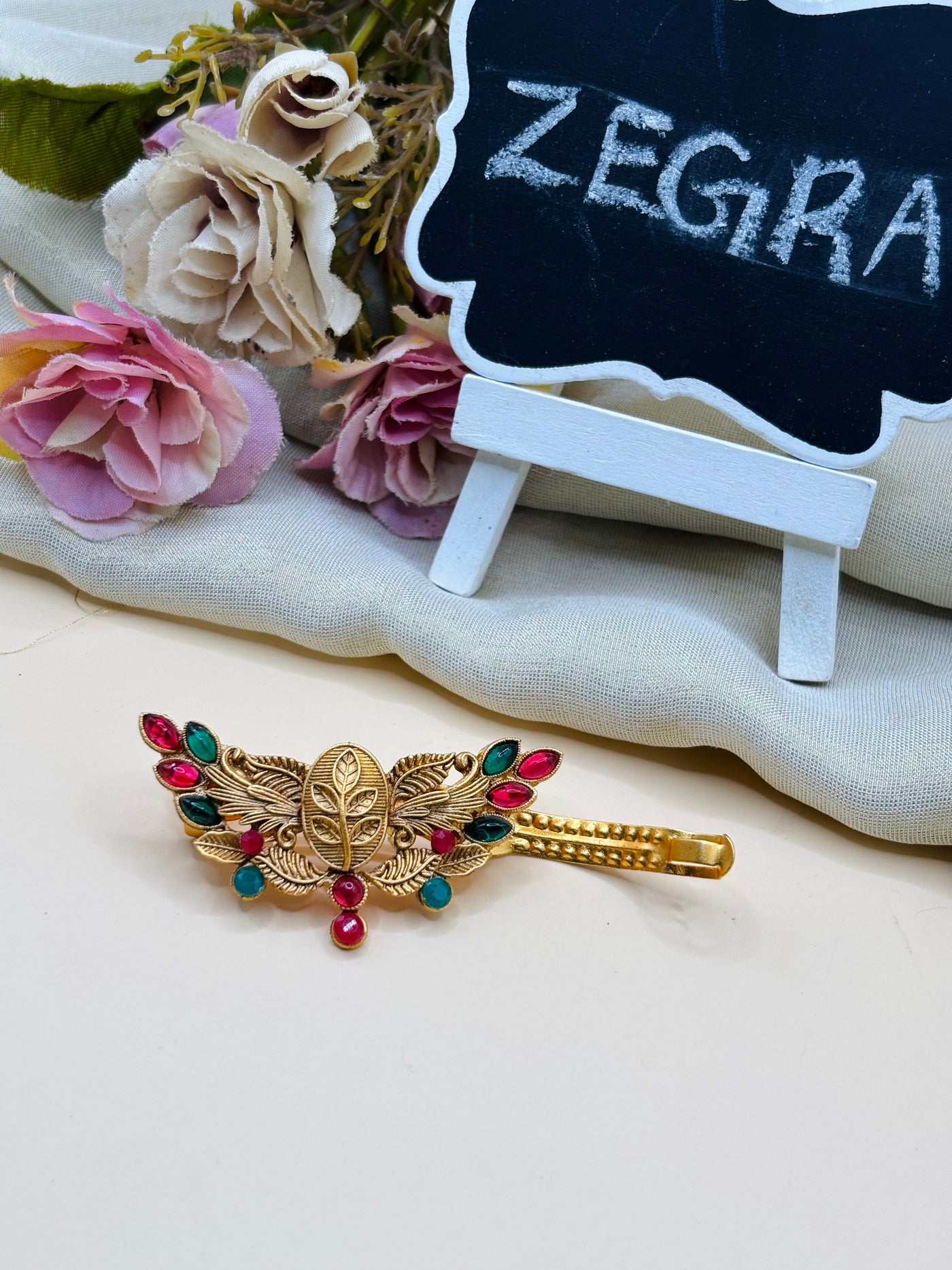 Ruby Emerald Leaf Hair Clip-H018