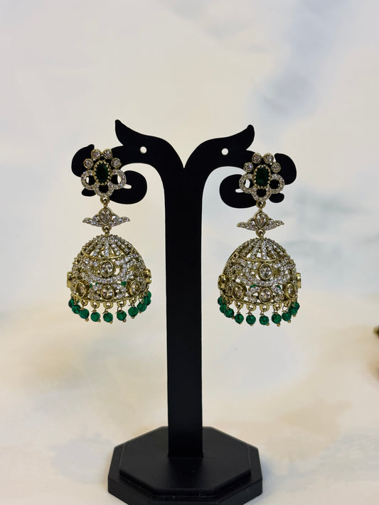 Emerald Glow Kundan Jhumkas -E11