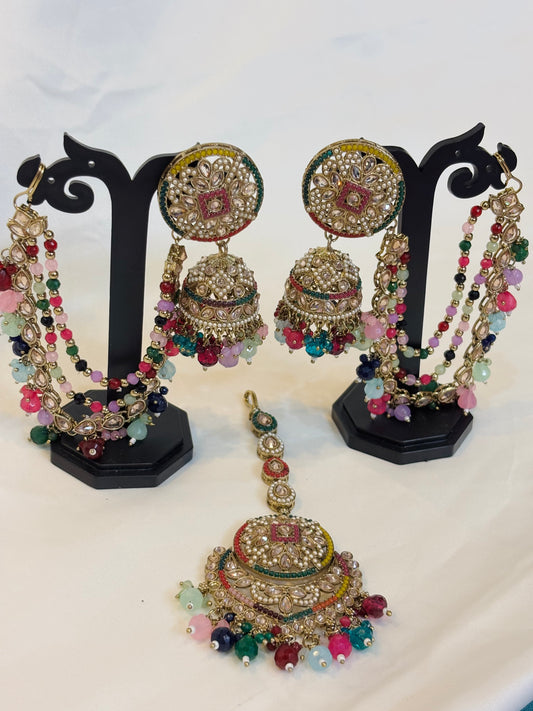 Multicolor Kundan Jhumka & Maang Tikka Set
