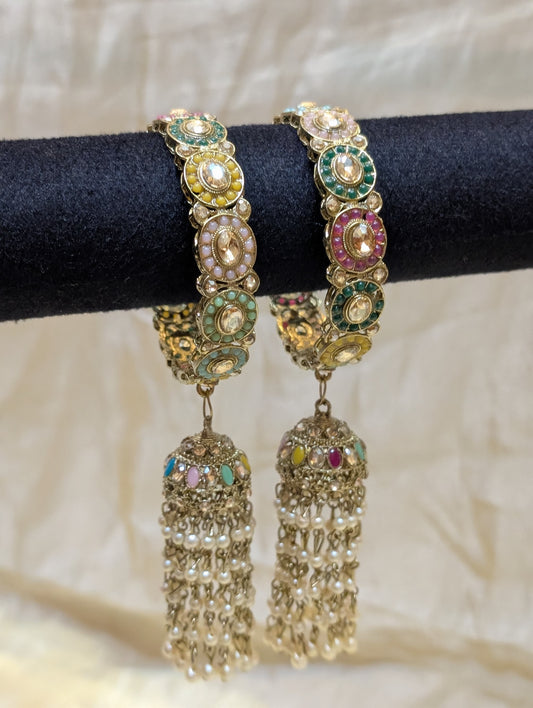 Multicolor Kundan Bangles with Pearl Tassels-B024
