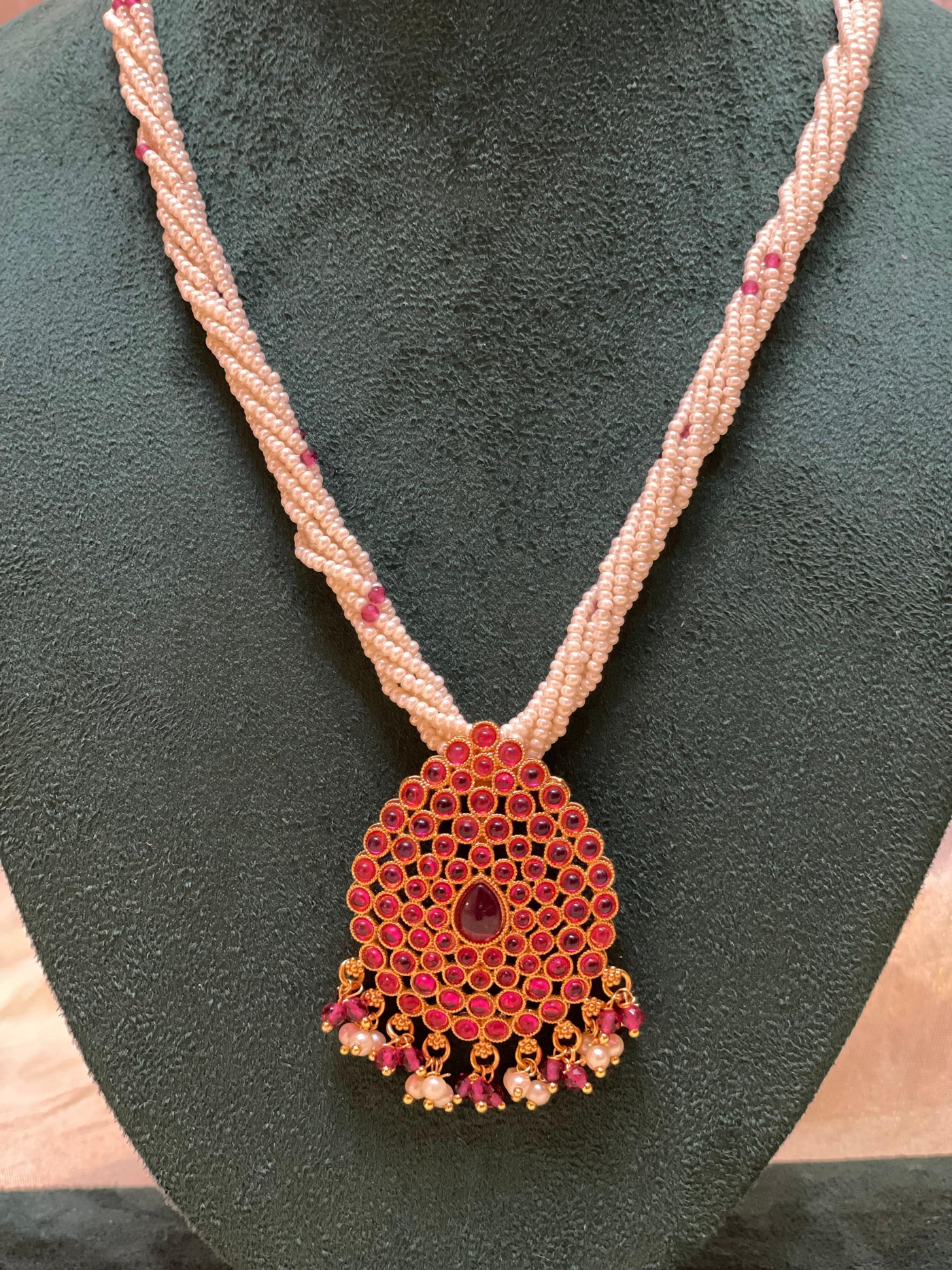 Ruby Drop Beaded Pearl Necklace -N019(01)