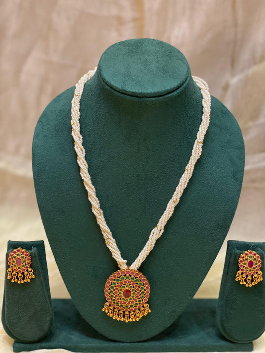 Circular Ruby-Emerald Beaded Pearl Necklace-N020(02)