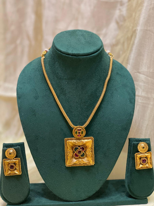 Square Temple Pendant Necklace Set-N015(02)