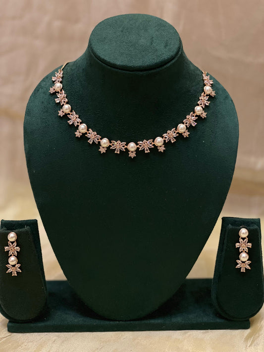 Rose Gold Floral Pearl Necklace Set-AD08