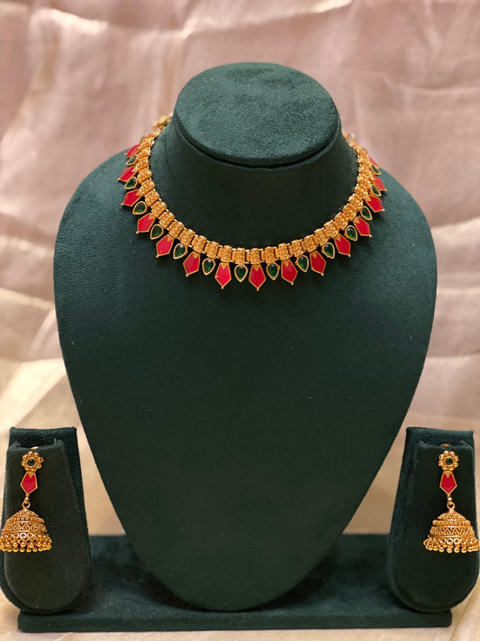 Antique Red-Green Palakka Necklace Set-CH019(02)