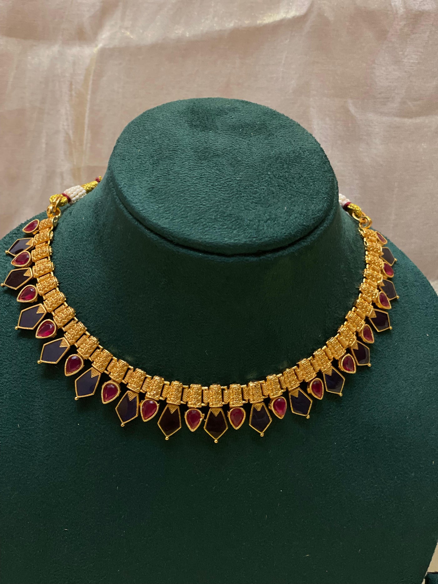 Antique Blue-Red Palakka Necklace Set-CH019(01)