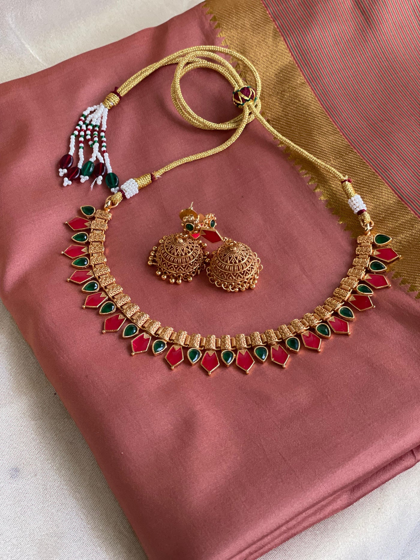 Antique Red-Green Palakka Necklace Set-CH019(02)