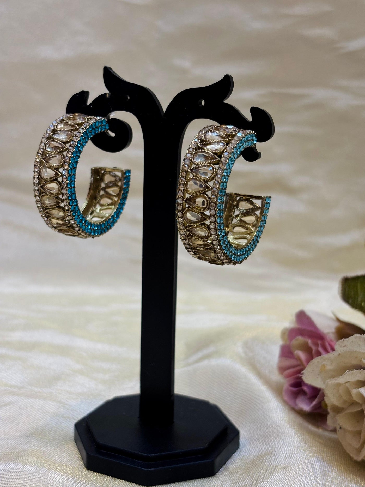 Aqua Kundan Hoop Earrings-E006(02)