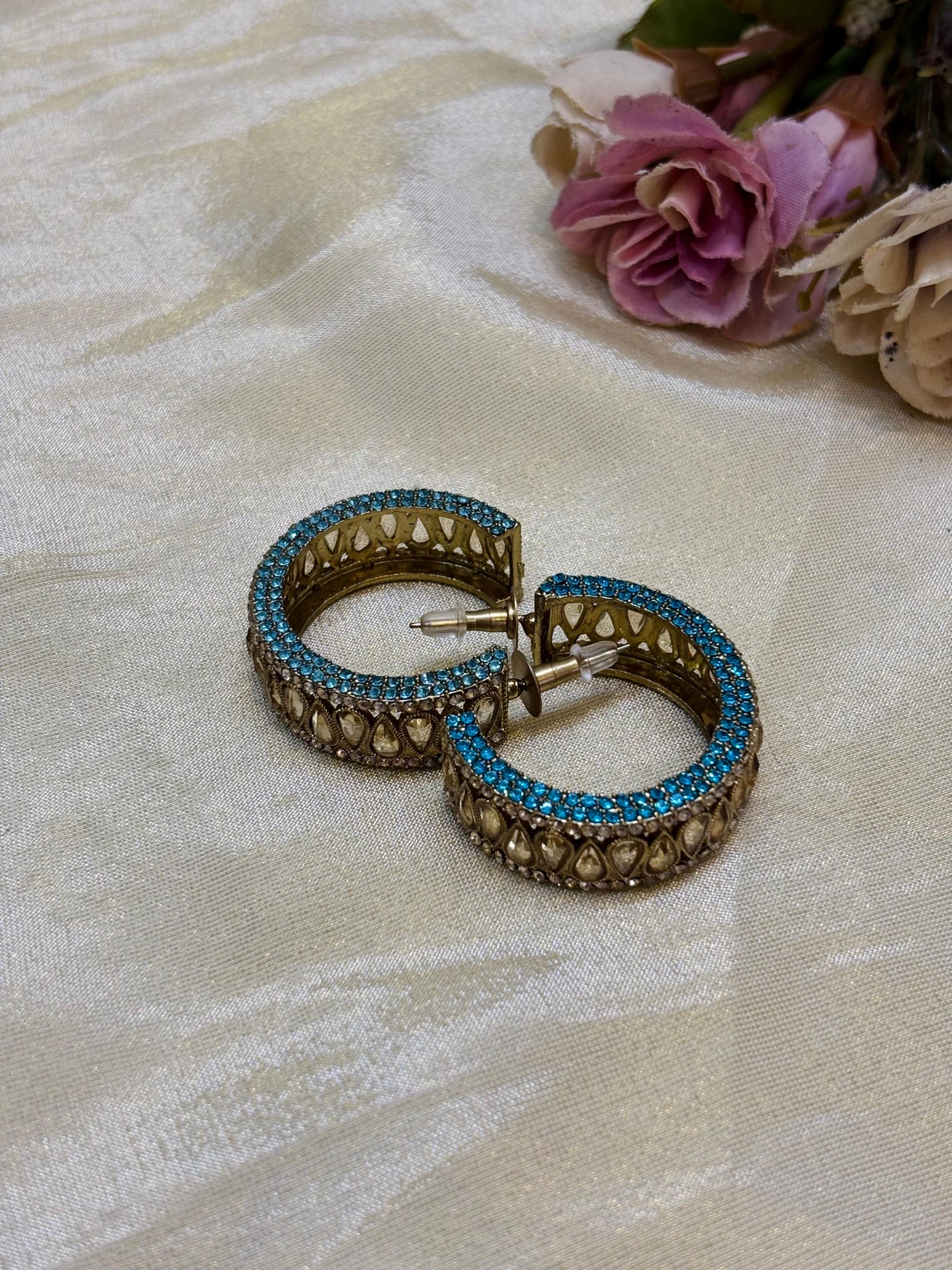 Aqua Kundan Hoop Earrings-E006(02)