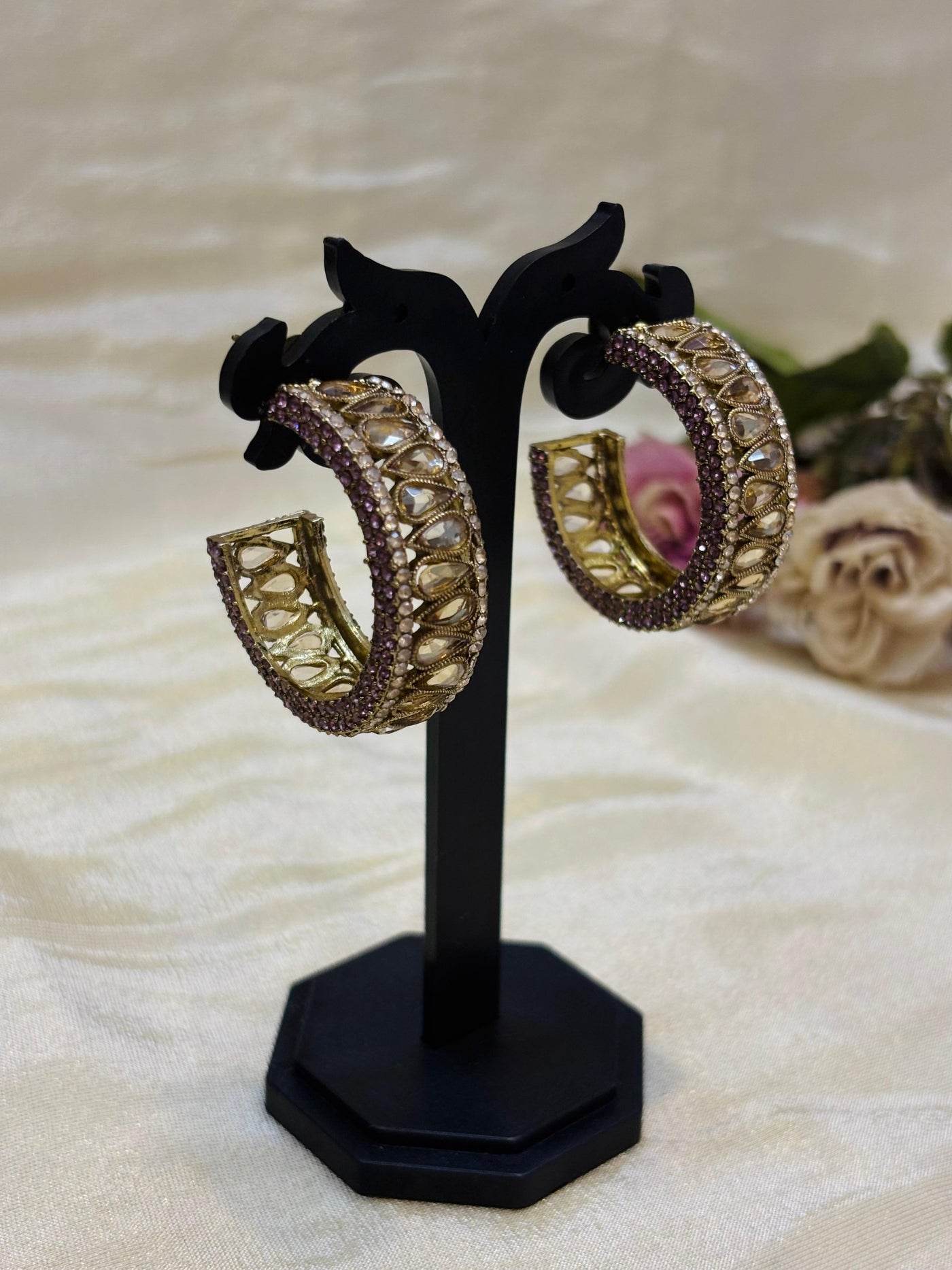 Rose Kundan Hoop Earrings-E006(03)