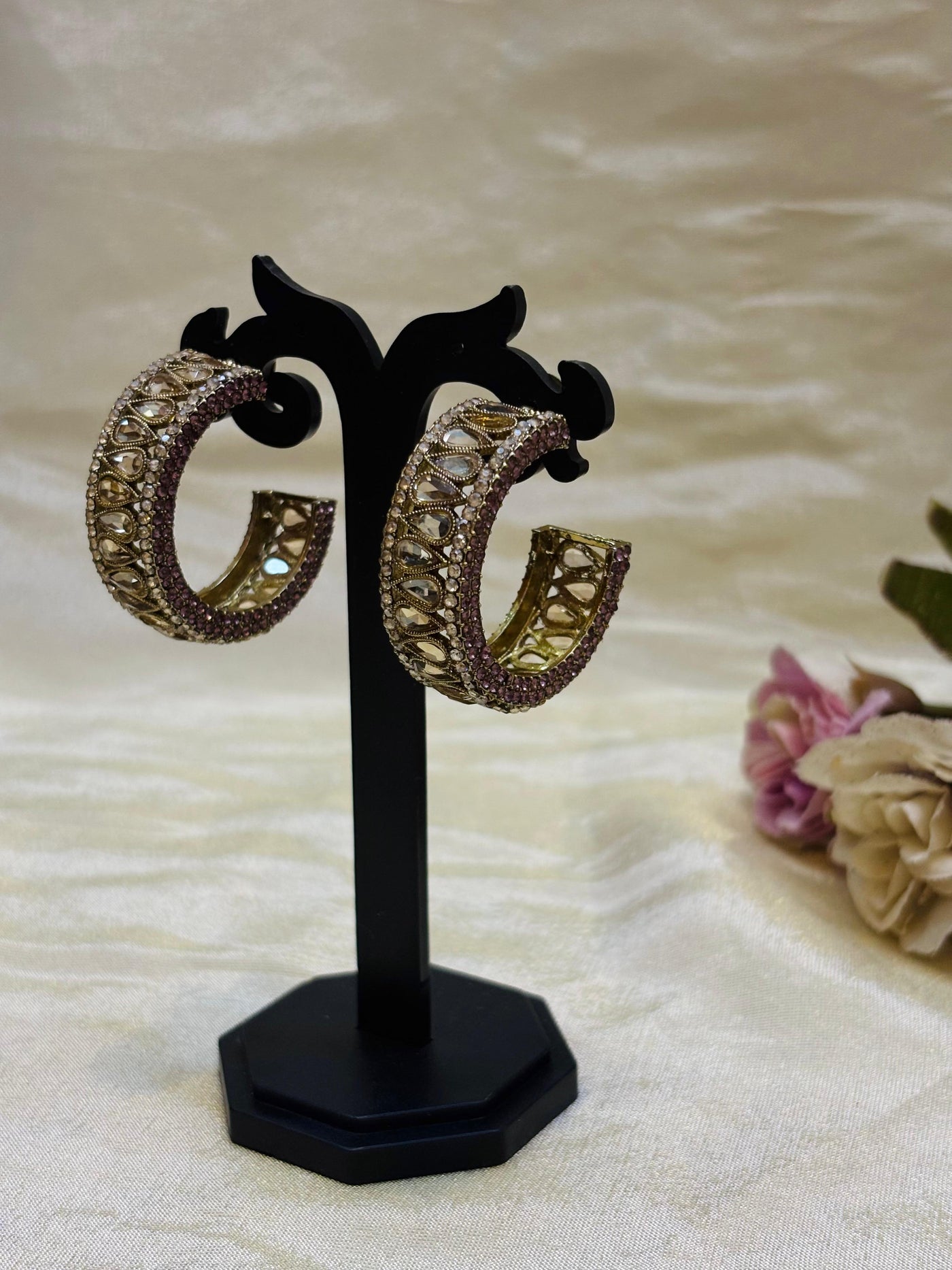 Rose Kundan Hoop Earrings-E006(03)