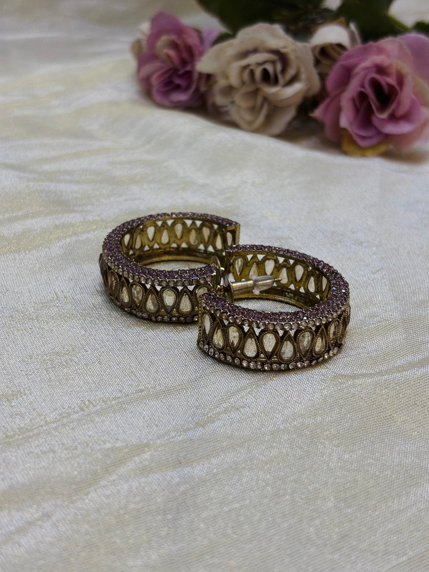 Rose Kundan Hoop Earrings-E006(03)