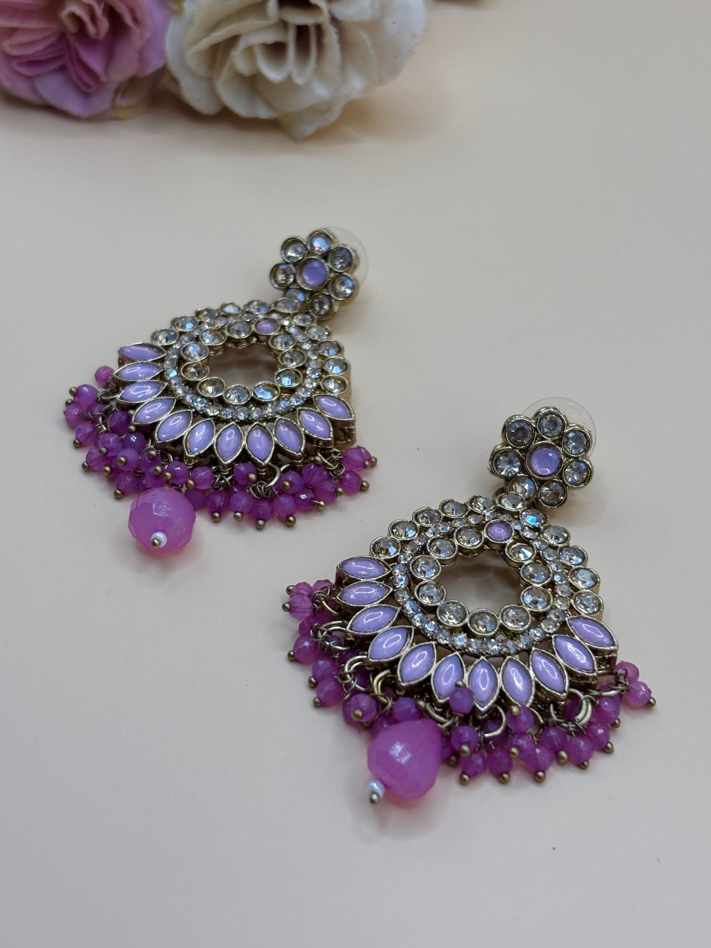 Lilac kundan chandbali earrings-E0012