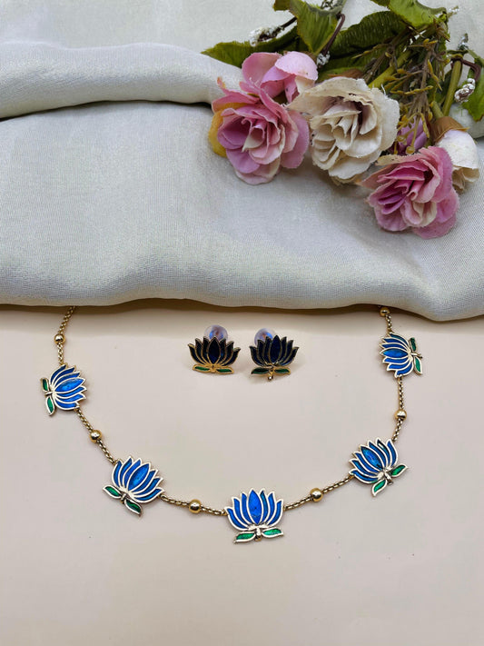 Royal Blue Lotus Necklace Set-L0002