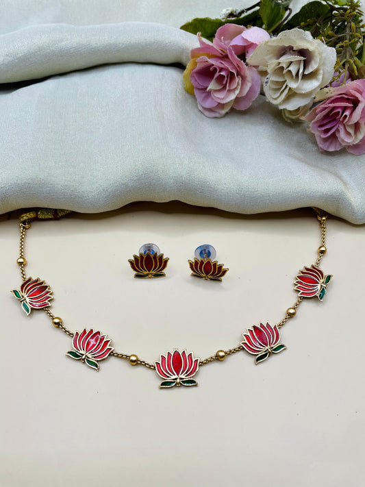 Rich Red Lotus necklace set-L0003