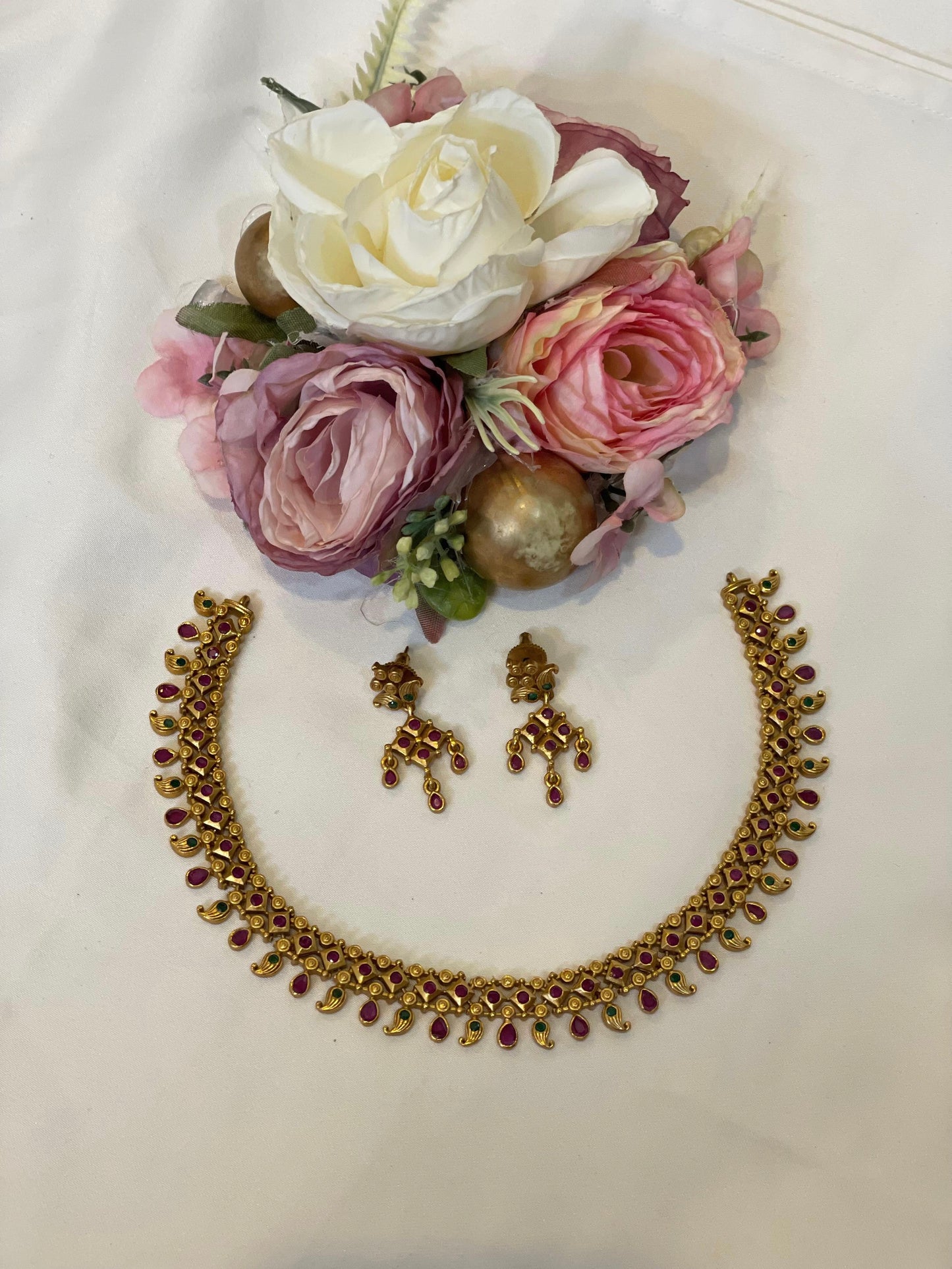 Gold-Tone Ruby & Green Stone Necklace
