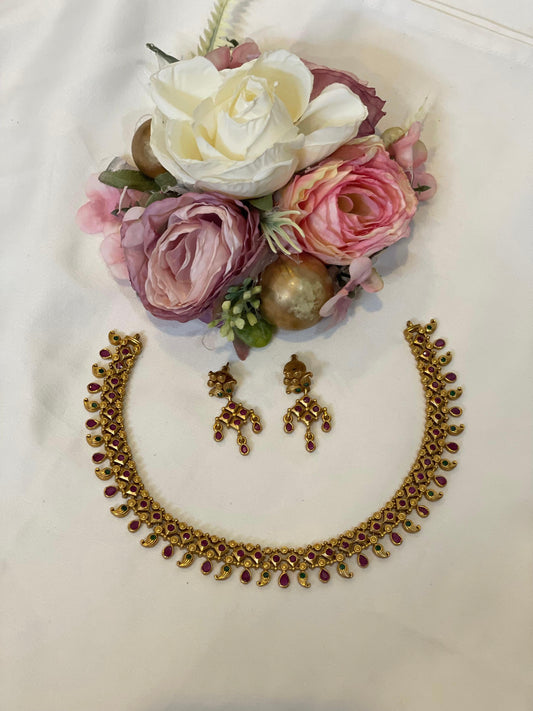 Gold-Tone Ruby & Green Stone Necklace