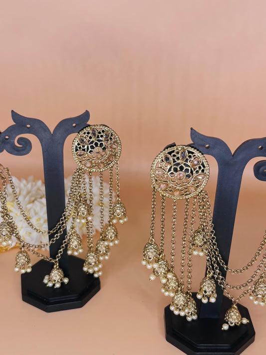 Golden Jhumka Chain Earrings with Pearl Drops